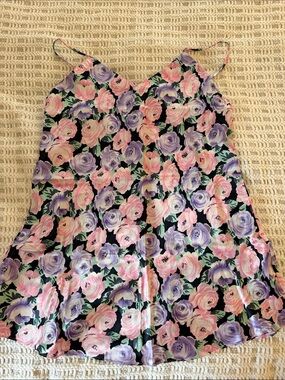 NWOT Vintage Kathryn Floral Rose Slip Dress/Nightgown Sz L Black Pink Purple